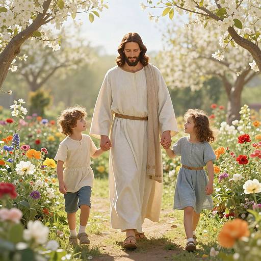 Photograph of Jesus with long brown hair and beard, wearing a white robe and beige shawl, holding hands with two curly-haired children in a sun