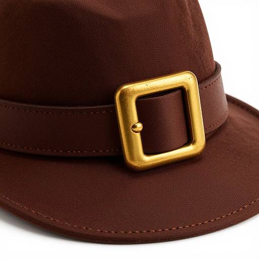 Close-up photograph of a dark brown felt hat with a shiny gold square buckle, highlighting the textured fabric and detailed stitching.