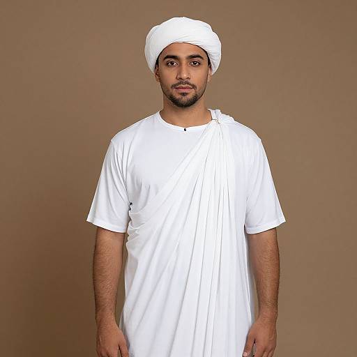 Photograph of a man with medium brown skin, black beard, wearing a white short-sleeve tunic and white headscarf, standing against
