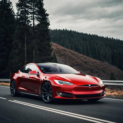 Red Tesla Model S on Mountain Road
