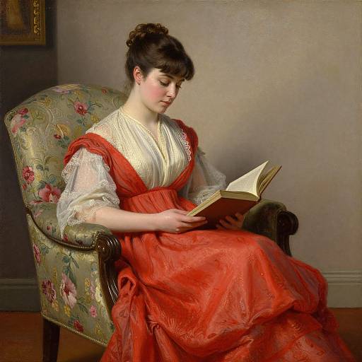 Victorian woman with dark hair in an updo, wearing a red and white lace dress, reads a book in a floral armchair. Photoreal