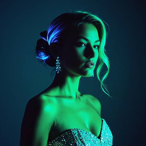 Elegant Woman with Soul Patch Hairstyle and Neon Glow