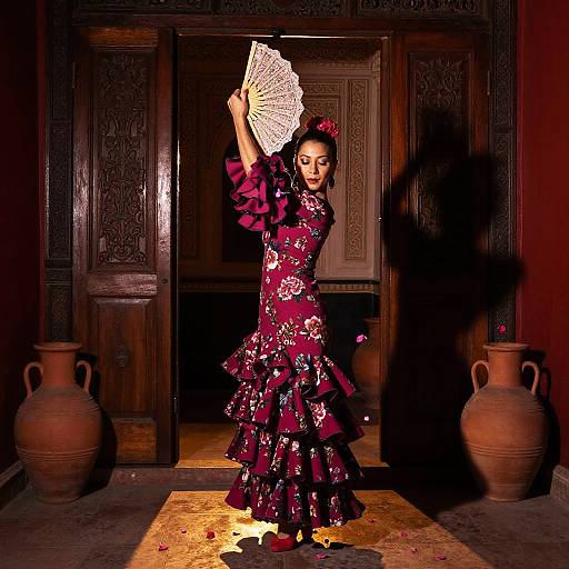 Photograph of an Asian woman in a red floral kimono, holding a fan, dancing in a dimly lit, wooden room with two clay pots
