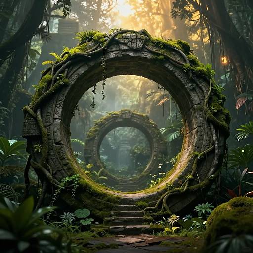 Moss-covered, ancient stone archway in mystical jungle, with sunlight filtering through dense foliage, creating a serene, ethereal atmosphere. Digital art.