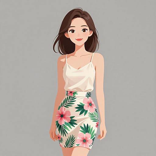 Digital illustration of a smiling Asian woman with long black hair, wearing a white spaghetti-strap top and floral skirt with pink flowers and green leaves, against