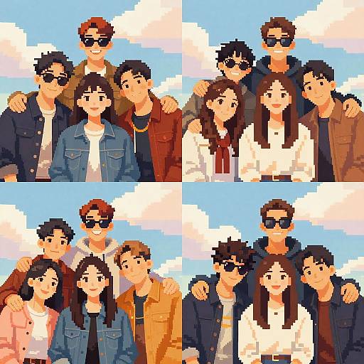 Pixel art collage of six friends posing together in four quadrants, wearing sunglasses, jackets, and casual clothes, against a blue sky with clouds background.