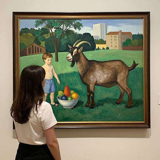 Photograph of a painting showing a shirtless boy in blue shorts facing a goat with a bowl of fruit in a grassy field, viewed by a