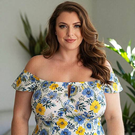 Photograph of a smiling, fair-skinned woman with long brown hair, wearing an off-shoulder floral dress with yellow, blue, and white
