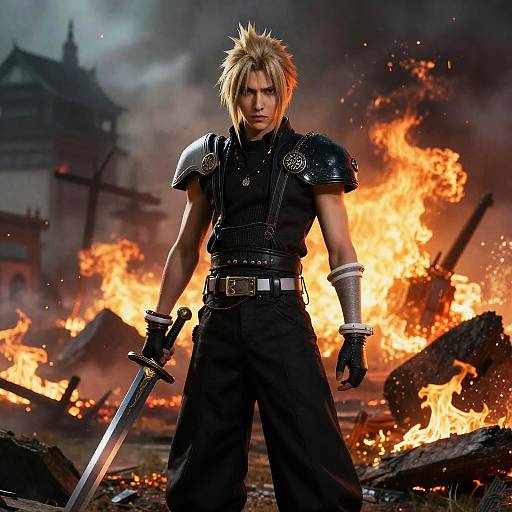 Photorealistic digital art of blond-haired, muscular man in black armor, holding sword, standing amid fiery destruction, intense expression.