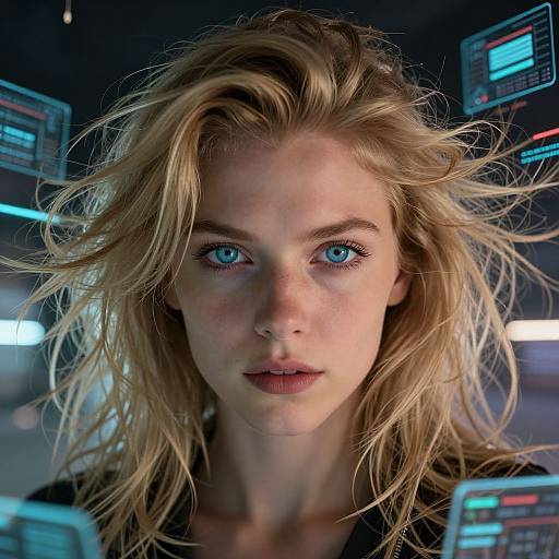 Photorealistic CGI of a blonde woman with blue eyes and wind-blown hair, staring intensely at the camera in a futuristic control room with illuminated screens