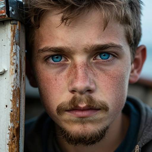 Close-up photograph of a young man with blue eyes, light brown hair, and a mustache, leaning on a weathered metal pole. His fre
