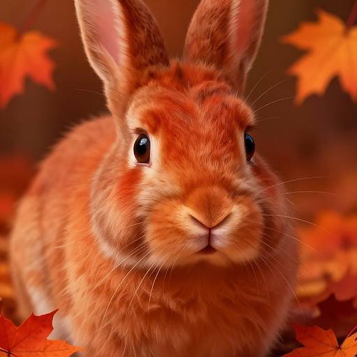 Close-up photograph of a fluffy, brown rabbit with large, black eyes, surrounded by vibrant orange and red autumn leaves.