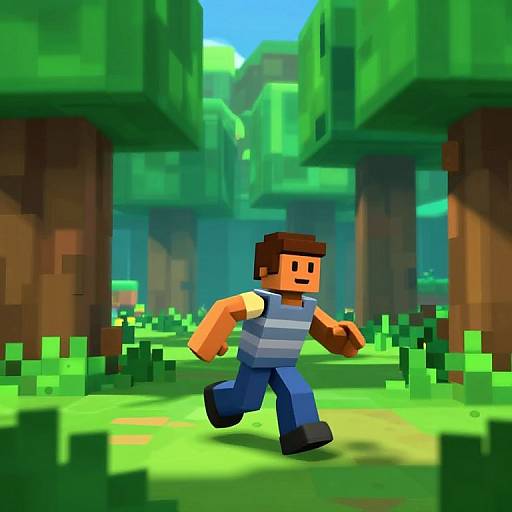 Pixel art of a blocky, brown-haired man in a blue striped shirt and jeans, running through a vibrant, green, forested Minecraft landscape.
