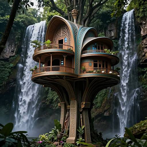 Futuristic Treehouse Amid Waterfalls