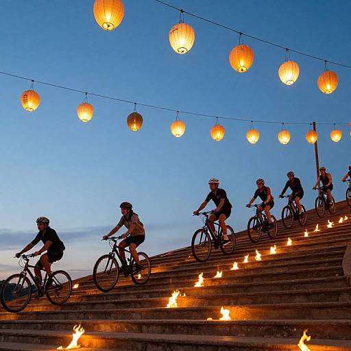 Photograph of cyclists climbing illuminated stairs at dusk, with glowing paper lanterns hanging overhead and small torches lining the steps.