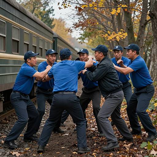 Brawl Amidst Autumn Trees and Train