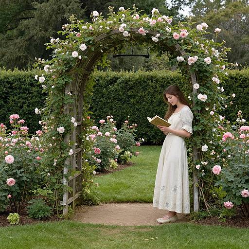 Photograph of a young woman in a white lace dress, reading a book under a pink and white rose-covered garden arch.