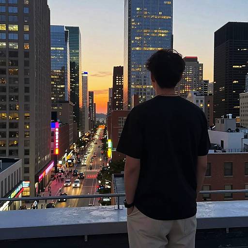 Photograph of a man in a black t-shirt and beige pants, standing on a balcony, back to the camera, watching a vibrant, sunset-l