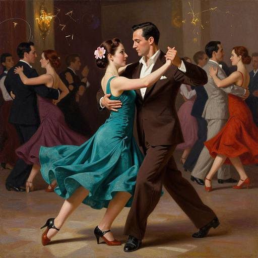 Vintage dance scene: man in brown suit, white shirt, dancing with woman in teal dress, pink flower, surrounded by couples in elegant attire.