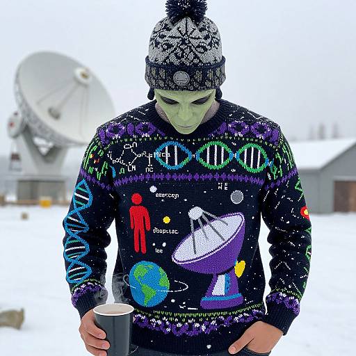 Photograph of a person with green face paint wearing a colorful, patterned winter sweater, black beanie, holding a coffee cup, in a snowy