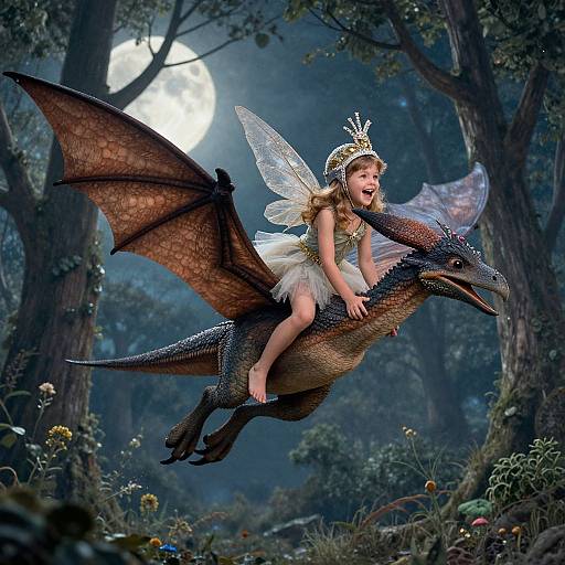 Photograph of a joyful young fairy with a golden crown, translucent wings, and a white dress, riding a dragon with brown wings through a moonlit