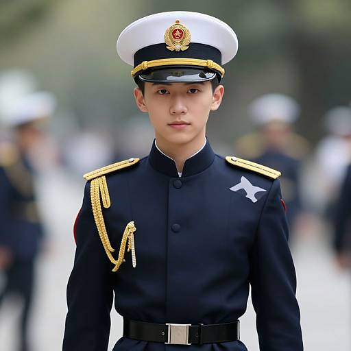 Photograph of a young Asian male military officer in a crisp black uniform with gold epaulettes, white hat, and white star, standing in