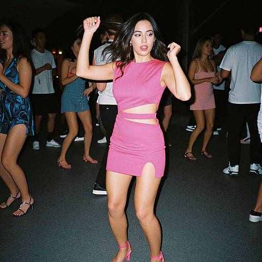 Photograph of an Asian woman with long black hair, wearing a pink crop top and matching mini skirt with a slit, dancing energetically in a