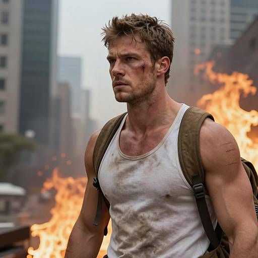 Determined man with bruises and flames in city