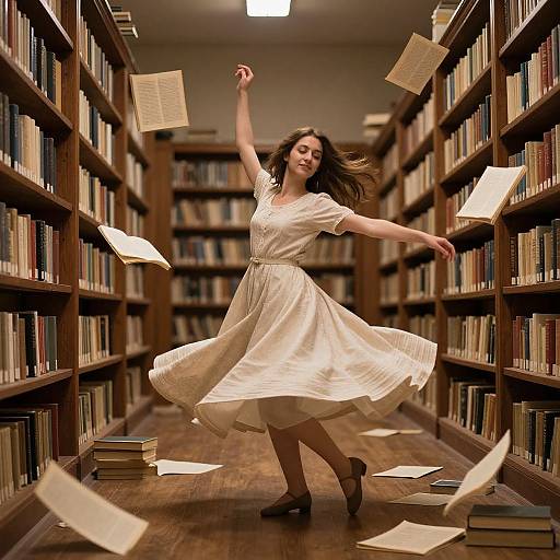 Photograph of a dancing woman in a flowing white dress, surrounded by flying books and papers, in a library aisle.
