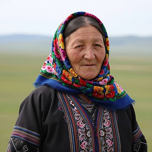 Photograph of an elderly Asian woman with wrinkled skin, wearing a colorful floral headscarf and intricately embroidered black traditional dress, standing against a