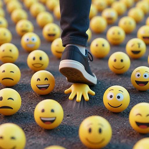 Photograph of a foot stepping on a yellow emoji with a smiley face, surrounded by numerous other yellow emojis with various expressions on a dark asphalt surface