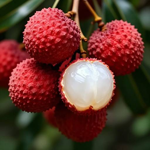 Close-up photograph of vibrant red, spiky berries with a glowing, translucent white orb at the center, set against a dark green, blurred background.