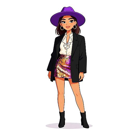 Digital illustration of a stylish woman with dark skin, wearing a purple hat, black blazer, white blouse, colorful sequin skirt, and black ankle