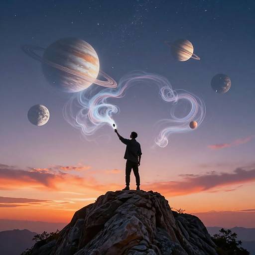 Silhouetted figure on rocky peak, hand conjuring glowing, swirling light, against twilight sky with floating planets and rings. Fantasy illustration.