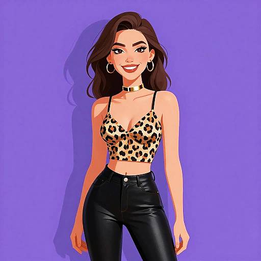 Digital illustration of a smiling woman with wavy brown hair, wearing a leopard print crop top, black leather pants, choker, and hoop earrings,