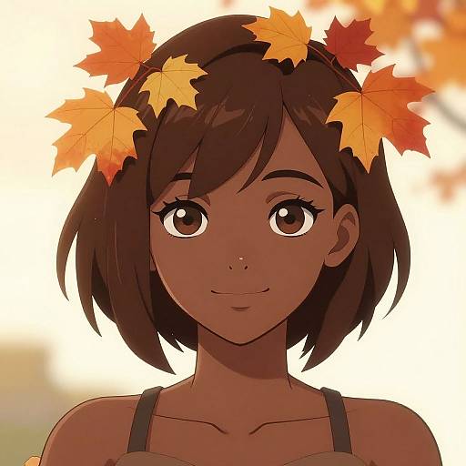 Digital anime-style portrait of a brown-skinned girl with short brown hair, wearing a headband of orange autumn leaves, smiling gently.