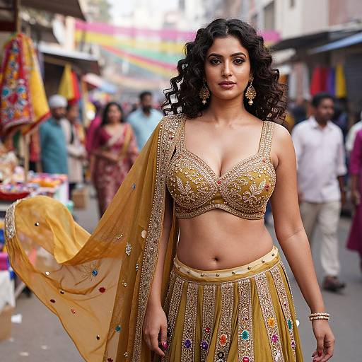 Photograph of a curvy Indian woman with dark curly hair, wearing a golden, embroidered bra and skirt with matching dupatta, standing confidently on a