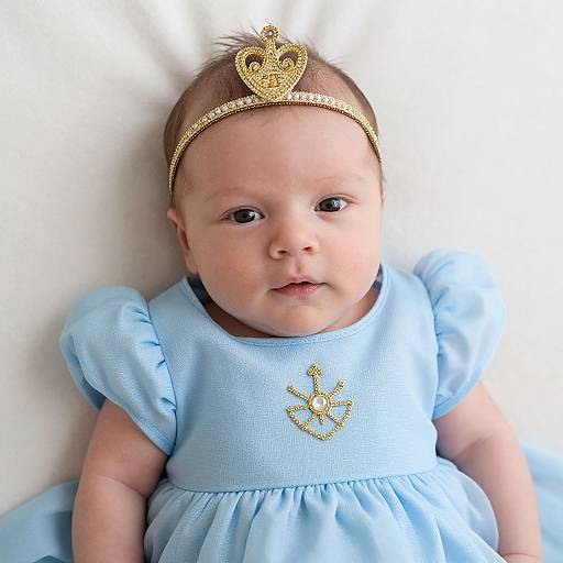 Photograph of a baby with light skin, wearing a blue dress with puffed sleeves, gold tiara with heart-shaped top, and sunburst bro