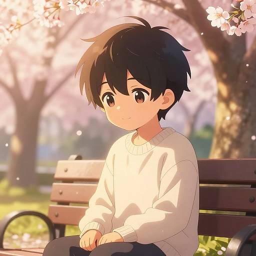 Shy Anime Boy in Sakura Park