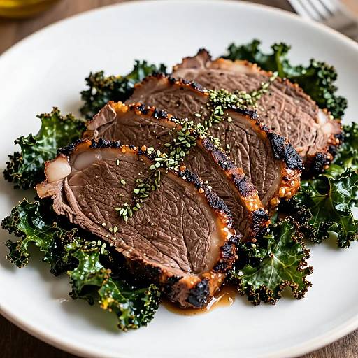 Photograph of perfectly grilled, seasoned slices of medium-rare beef, garnished with green kale, on a white plate, highlighting juicy textures and rich