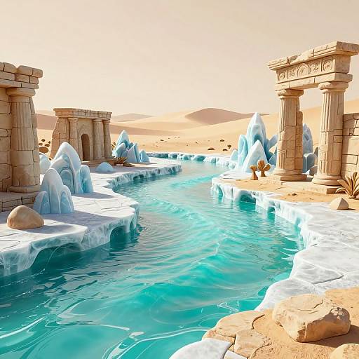 Digital artwork of a serene, blue-turquoise oasis with ice formations, ancient stone pillars, and desert sand dunes under a bright, clear sky