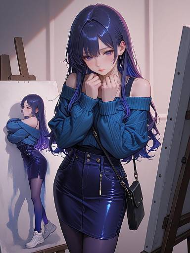 Stylish Young Woman in Navy Blue Outfit with Portrait