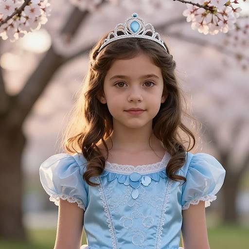 Photograph of a young girl with dark curly hair, wearing a silver tiara and light blue, lace-trimmed dress, standing in a spring