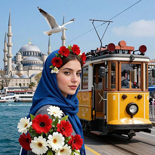 Photograph of a young woman with a blue headscarf, red flower crown, and white and red flowers, standing beside a yellow tram, with