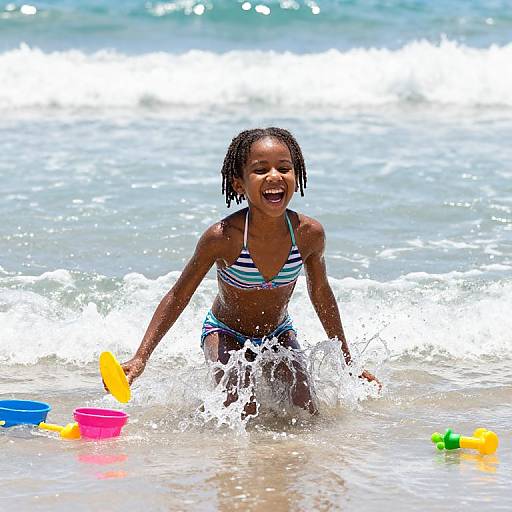 Photograph of a smiling young Black girl in a striped bikini, splashing in the ocean, with colorful plastic toys nearby.