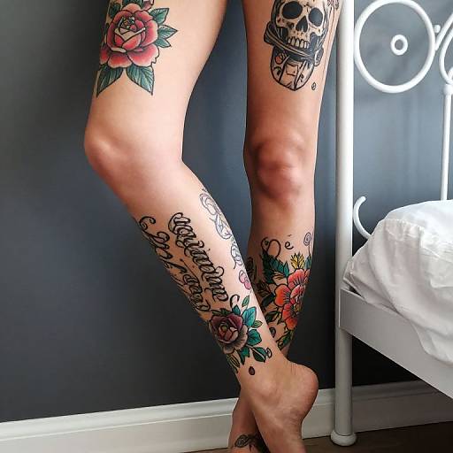 Photograph of tattooed legs with a skull, rose, and cursive script tattoos, standing against a dark wall beside a white bed.