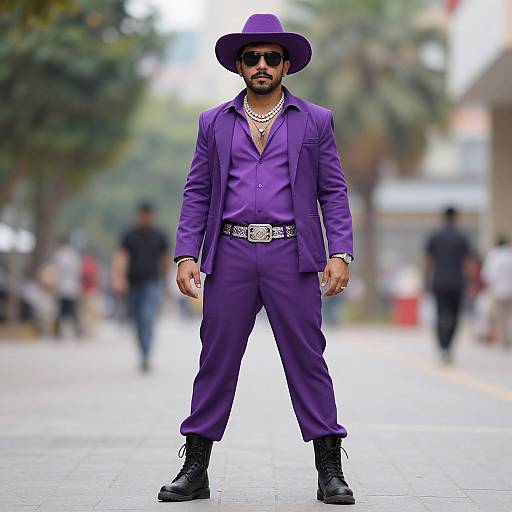 Photograph of a bearded man in a vibrant purple suit, wide-brimmed hat, sunglasses, gold necklace, and black boots, standing confidently