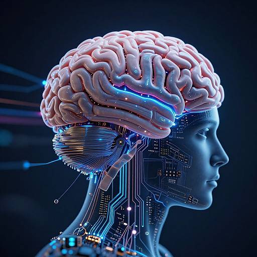 Digital CGI of a futuristic, glowing blue and pink human head with exposed brain and intricate neural circuits against a dark background.