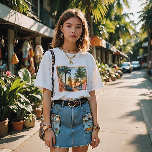 Trendy Young Woman in Sunlit Street Fashion