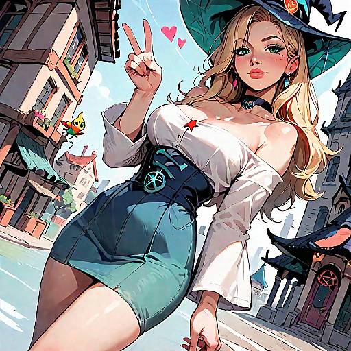 Digital anime-style drawing of a blonde witch with large breasts, blue skirt, white off-shoulder top, black belt, and hat, flashing a